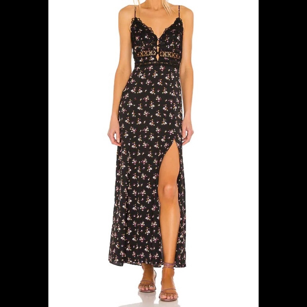 Free People Out And About Maxi Slip Dress - black floral (small)